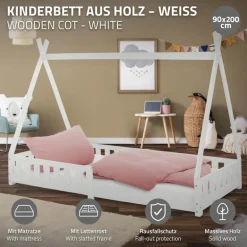 Kinderbett Tipi 90x200 cm Weiß aus Kiefernholz inkl. Matratze H-16cm Rausfallschutz und Lattenrost ML-Design