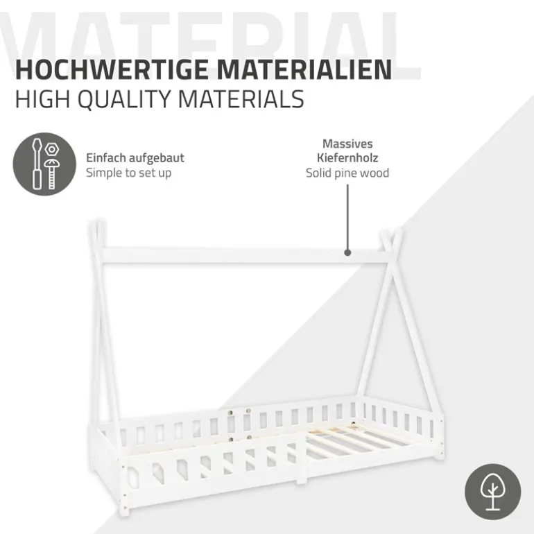 Kinderbett Tipi 90x200 cm Weiß aus Kiefernholz inkl. Matratze H-16cm Rausfallschutz und Lattenrost ML-Design