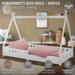 Kinderbett Tipi 90x200 cm Weiß aus Kiefernholz mit Rausfallschutz und Lattenrost Holzbett ML-Design