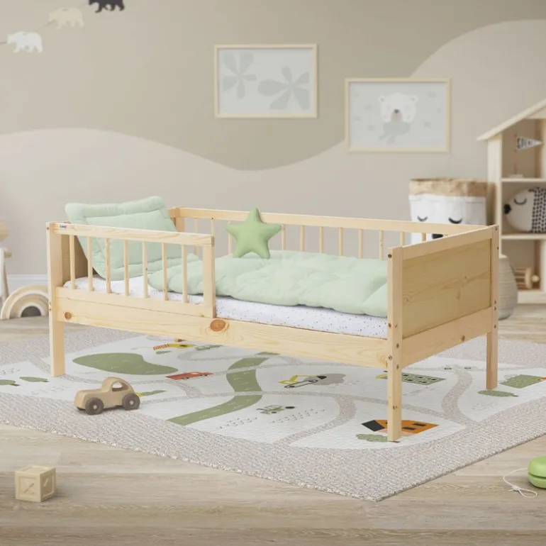 Kinderbett 70x140 cm mit Lattenrost und Rausfallschutz Natur Kiefernholz ML-Design