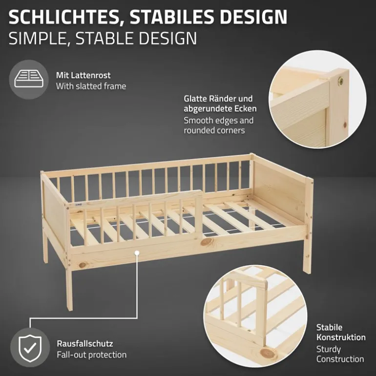 Kinderbett 70x140 cm mit Lattenrost und Rausfallschutz Natur Kiefernholz ML-Design