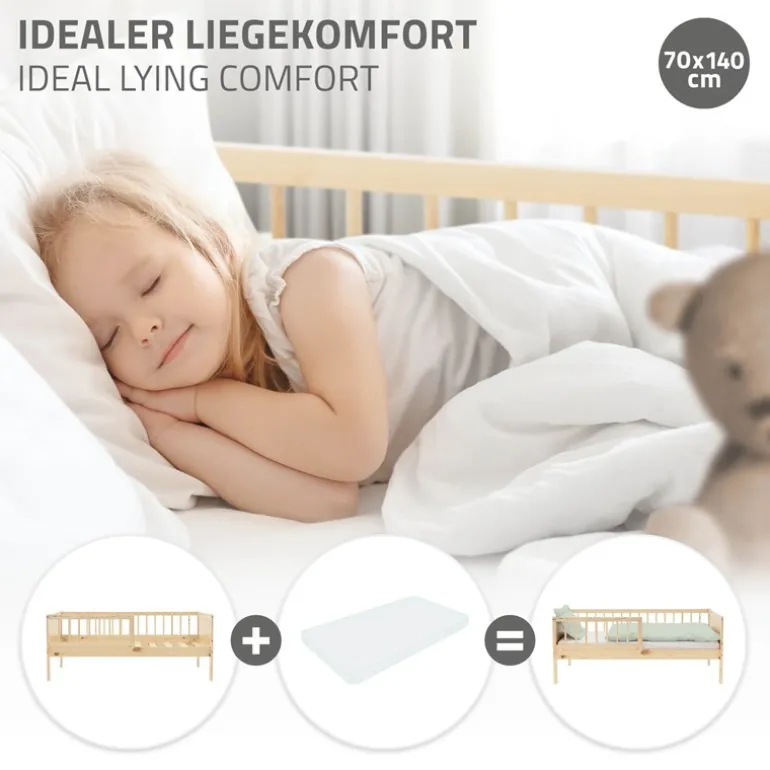 Kinderbett 70x140 cm mit Lattenrost und Rausfallschutz Natur Kiefernholz ML-Design