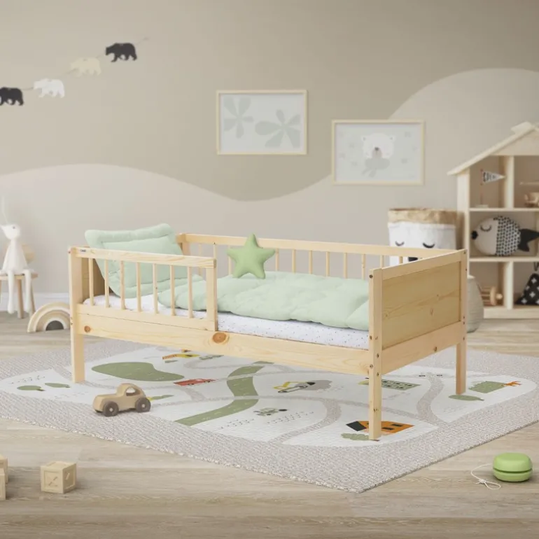 Kinderbett 70x140 cm mit Lattenrost und Rausfallschutz Natur Kiefernholz ML-Design