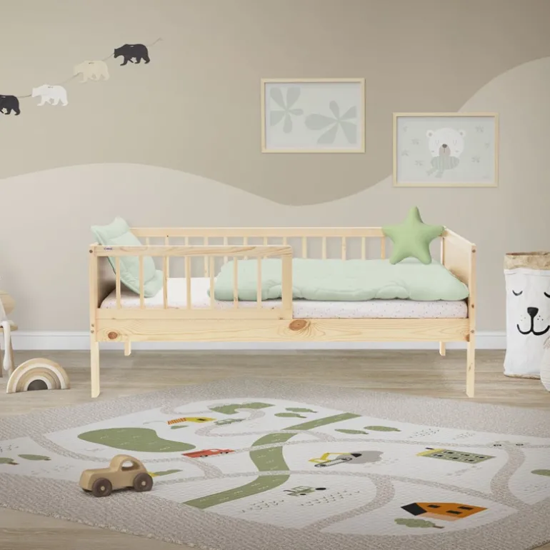 Kinderbett 70x140 cm mit Lattenrost und Rausfallschutz Natur Kiefernholz ML-Design