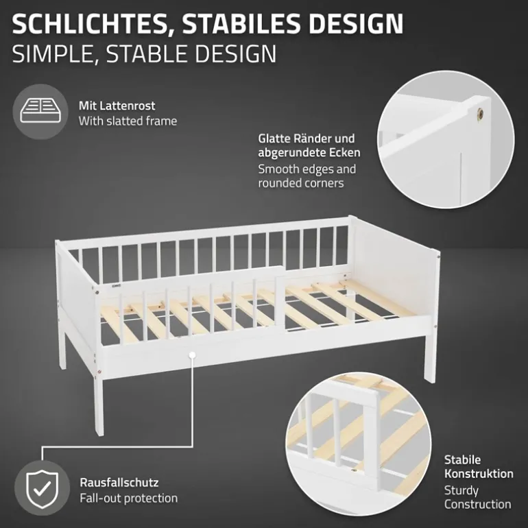 Kinderbett 70x140 cm mit Lattenrost und Rausfallschutz Weiß Kiefernholz ML-Design