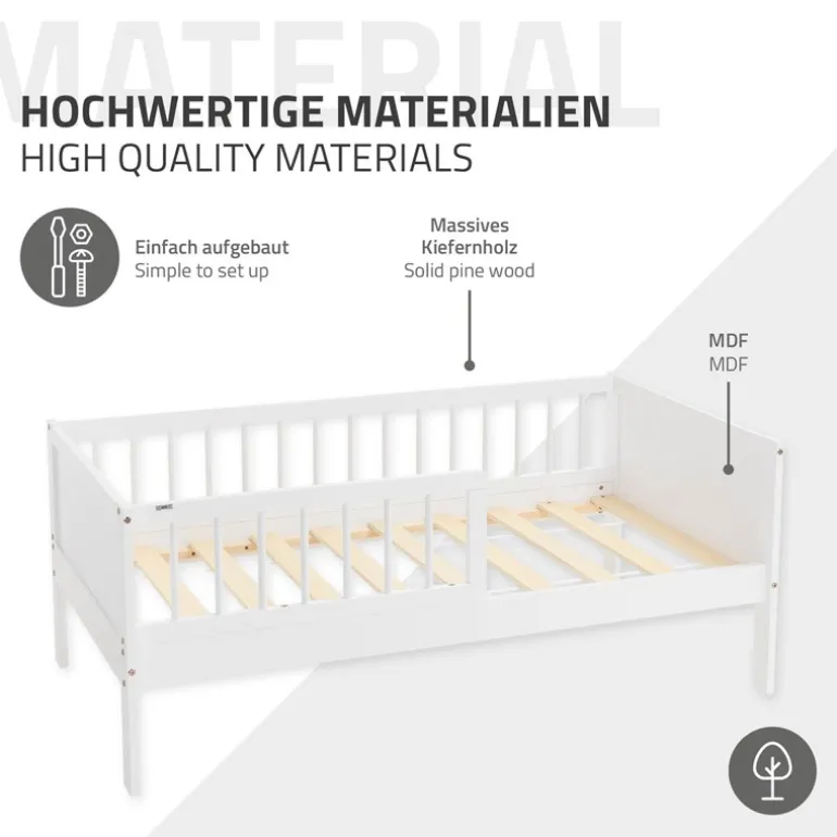 Kinderbett 70x140 cm mit Lattenrost und Rausfallschutz Weiß Kiefernholz ML-Design