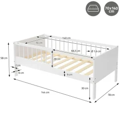 Kinderbett 70x140 cm mit Lattenrost und Rausfallschutz Weiß Kiefernholz ML-Design