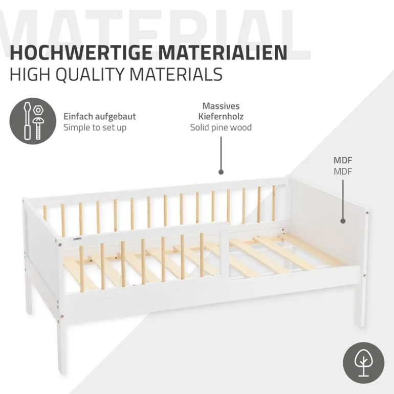 Kinderbett 70x140 cm mit Lattenrost und Rausfallschutz Weiß/Natur Kiefernholz ML-Design