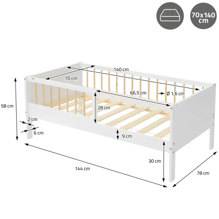 Kinderbett 70x140 cm mit Lattenrost und Rausfallschutz Weiß/Natur Kiefernholz ML-Design