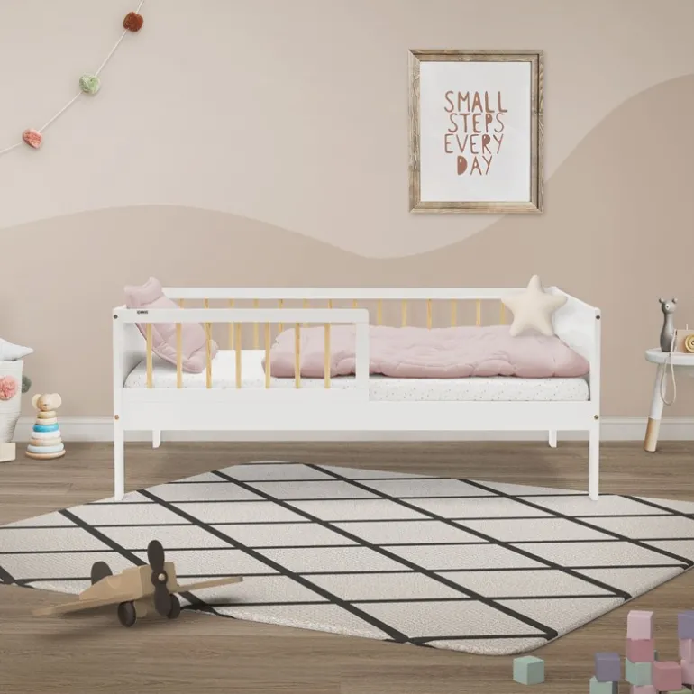 Kinderbett 70x140 cm mit Lattenrost und Rausfallschutz Weiß/Natur Kiefernholz ML-Design