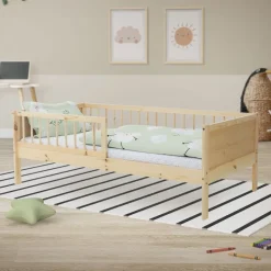 Kinderbett 80x160 cm mit Lattenrost und Rausfallschutz Natur Kiefernholz ML-Design