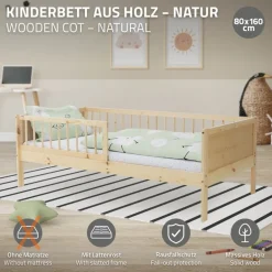 Kinderbett 80x160 cm mit Lattenrost und Rausfallschutz Natur Kiefernholz ML-Design