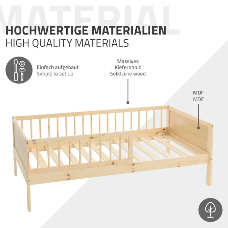 Kinderbett 80x160 cm mit Lattenrost und Rausfallschutz Natur Kiefernholz ML-Design