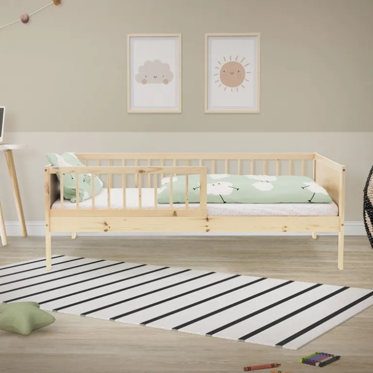Kinderbett 80x160 cm mit Lattenrost und Rausfallschutz Natur Kiefernholz ML-Design