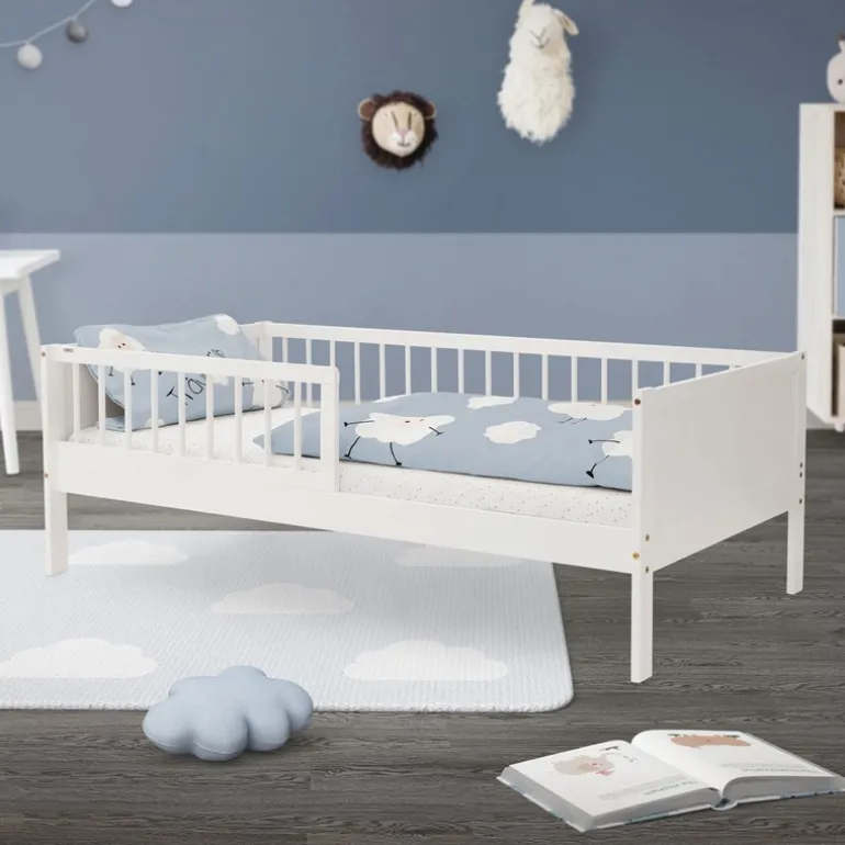 Kinderbett 80x160 cm mit Lattenrost und Rausfallschutz Weiß Kiefernholz ML-Design