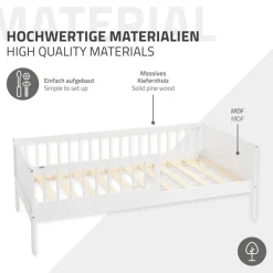 Kinderbett 80x160 cm mit Lattenrost und Rausfallschutz Weiß Kiefernholz ML-Design