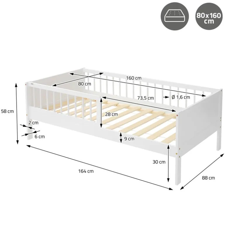 Kinderbett 80x160 cm mit Lattenrost und Rausfallschutz Weiß Kiefernholz ML-Design