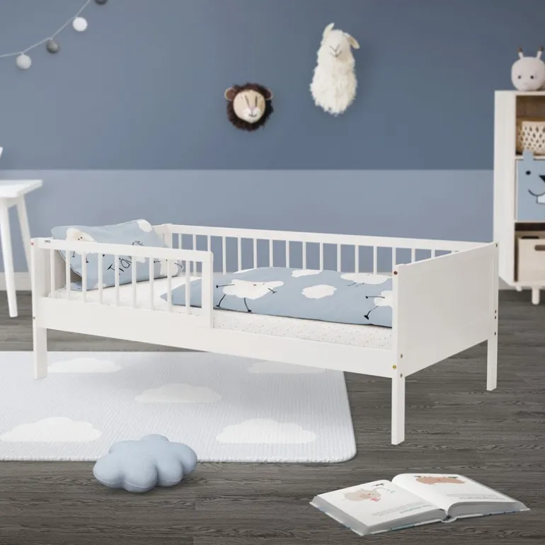 Kinderbett 80x160 cm mit Lattenrost und Rausfallschutz Weiß Kiefernholz ML-Design