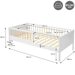 Kinderbett 80x160 cm mit Lattenrost und Rausfallschutz Weiß/Natur Kiefernholz ML-Design