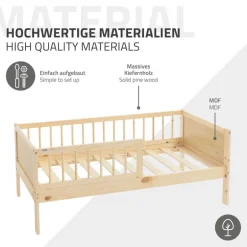 Kinderbett 70x140 cm mit Matratze, Lattenrost und Rausfallschutz in Natur ML-Design