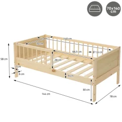 Kinderbett 70x140 cm mit Matratze, Lattenrost und Rausfallschutz in Natur ML-Design