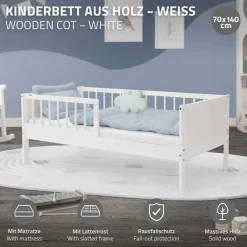 Kinderbett 70x140 cm mit Matratze, Lattenrost und Rausfallschutz in Weiß ML-Design