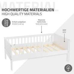 Kinderbett 70x140 cm mit Matratze, Lattenrost und Rausfallschutz in Weiß ML-Design