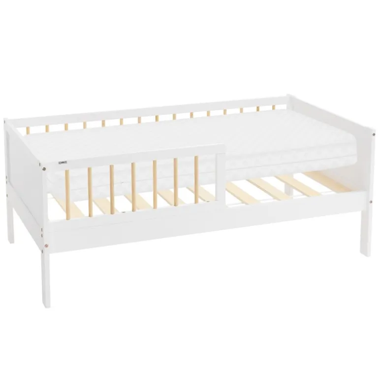 Kinderbett 70x140 cm mit Matratze, Lattenrost und Rausfallschutz in Weiß/Natur ML-Design