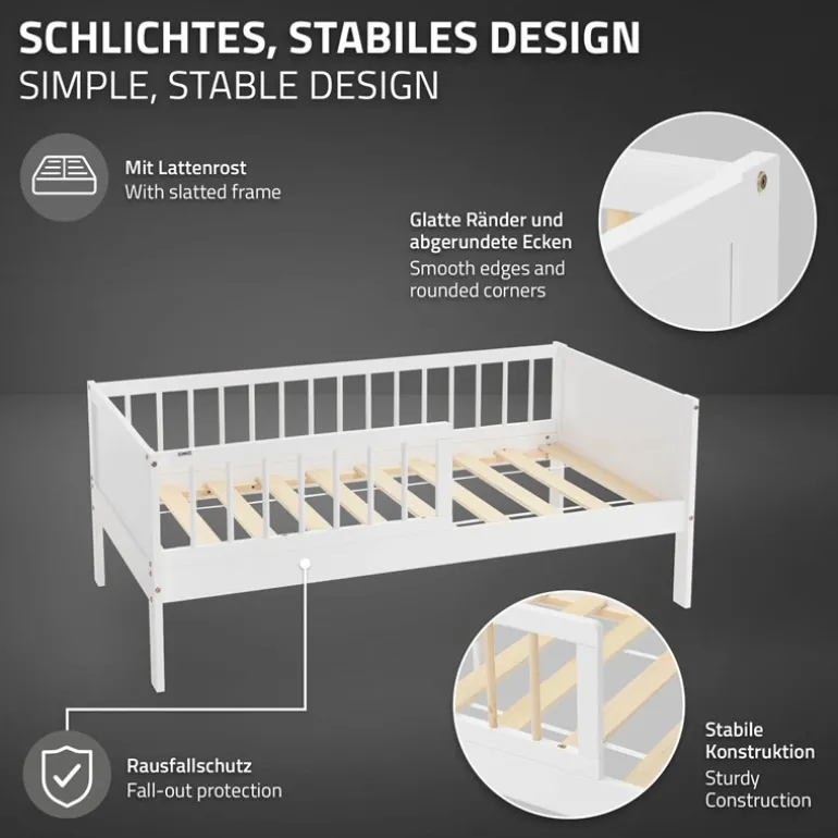 Kinderbett 70x140 cm mit Matratze, Lattenrost und Rausfallschutz in Weiß/Natur ML-Design
