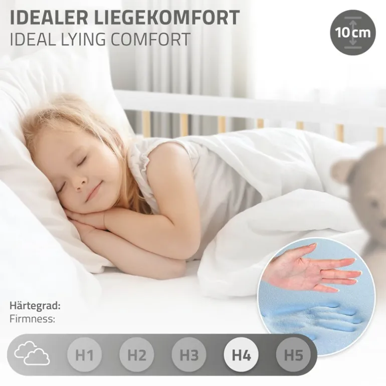Kinderbett 70x140 cm mit Matratze, Lattenrost und Rausfallschutz in Weiß/Natur ML-Design