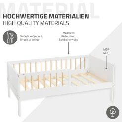 Kinderbett 70x140 cm mit Matratze, Lattenrost und Rausfallschutz in Weiß/Natur ML-Design
