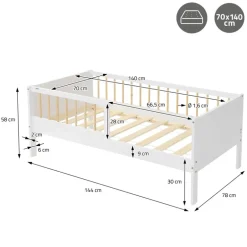 Kinderbett 70x140 cm mit Matratze, Lattenrost und Rausfallschutz in Weiß/Natur ML-Design