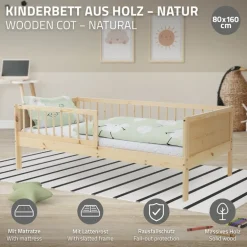 Kinderbett 80x160 cm mit Matratze, Lattenrost und Rausfallschutz in Natur ML-Design