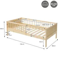 Kinderbett 80x160 cm mit Matratze, Lattenrost und Rausfallschutz in Natur ML-Design