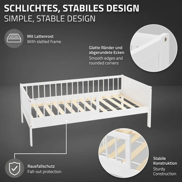 Kinderbett 80x160 cm mit Matratze, Lattenrost und Rausfallschutz in Weiß ML-Design
