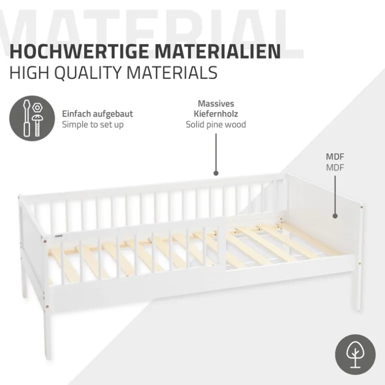 Kinderbett 80x160 cm mit Matratze, Lattenrost und Rausfallschutz in Weiß ML-Design