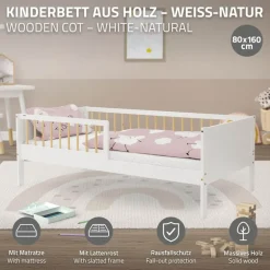 Kinderbett 80x160 cm mit Matratze, Lattenrost und Rausfallschutz in Weiß/Natur ML-Design