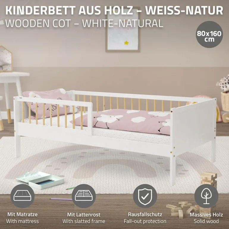 Kinderbett 80x160 cm mit Matratze, Lattenrost und Rausfallschutz in Weiß/Natur ML-Design