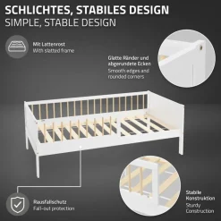 Kinderbett 80x160 cm mit Matratze, Lattenrost und Rausfallschutz in Weiß/Natur ML-Design