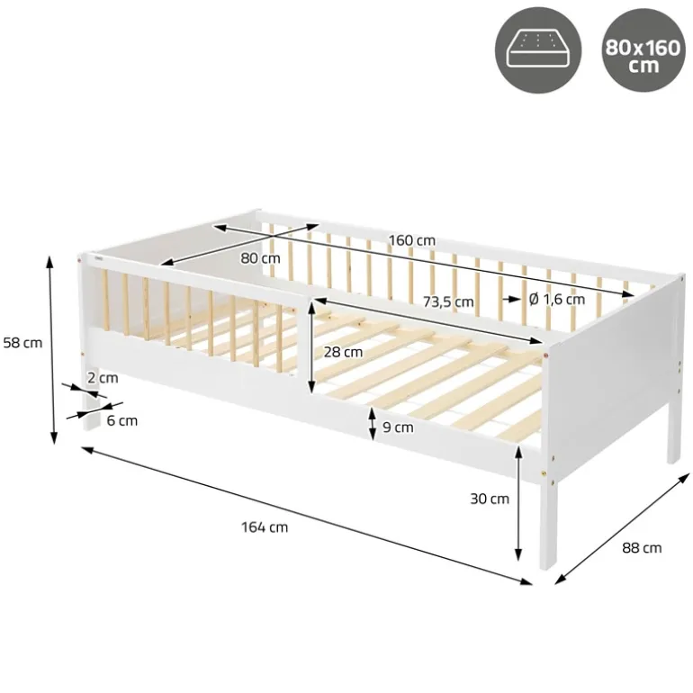 Kinderbett 80x160 cm mit Matratze, Lattenrost und Rausfallschutz in Weiß/Natur ML-Design