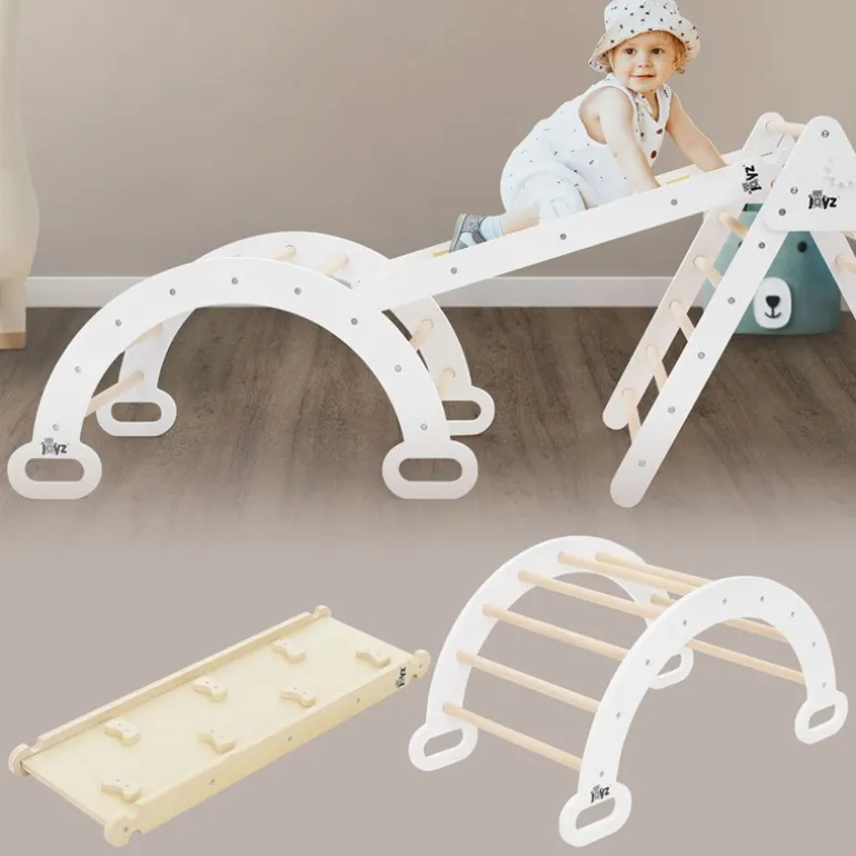 Kinderkletterbogen Natur/Weiß mit Rutsche oder Kletterwand 2 in 1 Natur aus Holz Joyz