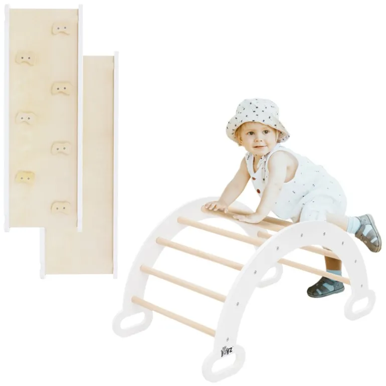 Kinderkletterbogen Natur/weiß mit Rutsche oder Kletterwand 2 in 1 Natur/Weiß aus Holz Joyz