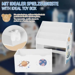 Kinderregal Weltraum-Motiv mit 3 Fächern und herausziehbarer Spielzeugkiste auf Rollen Weiß aus Holz Joyz