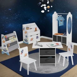 Kinderregal Weltraum-Motiv mit 3 Fächern und herausziehbarer Spielzeugkiste auf Rollen Weiß aus Holz Joyz