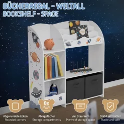 Kinderregal Weltraum-Motiv mit 8 Ablagefächern und 2 abnehmbaren Stoffboxen Weiß aus Holz Joyz