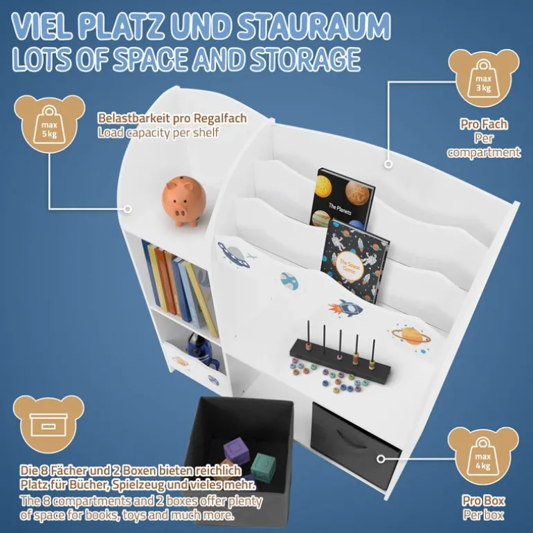 Kinderregal Weltraum-Motiv mit 8 Ablagefächern und 2 abnehmbaren Stoffboxen Weiß aus Holz Joyz