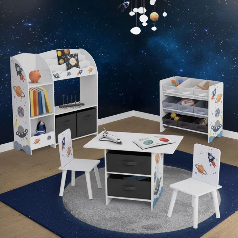 Kinderregal Weltraum-Motiv mit 8 Ablagefächern und 2 abnehmbaren Stoffboxen Weiß aus Holz Joyz