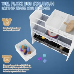 Kinderregal Weltraum-Motiv mit 9 Aufbewahrungsboxen Weiß aus Holz Joyz