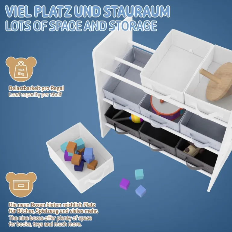 Kinderregal Weltraum-Motiv mit 9 Aufbewahrungsboxen Weiß aus Holz Joyz