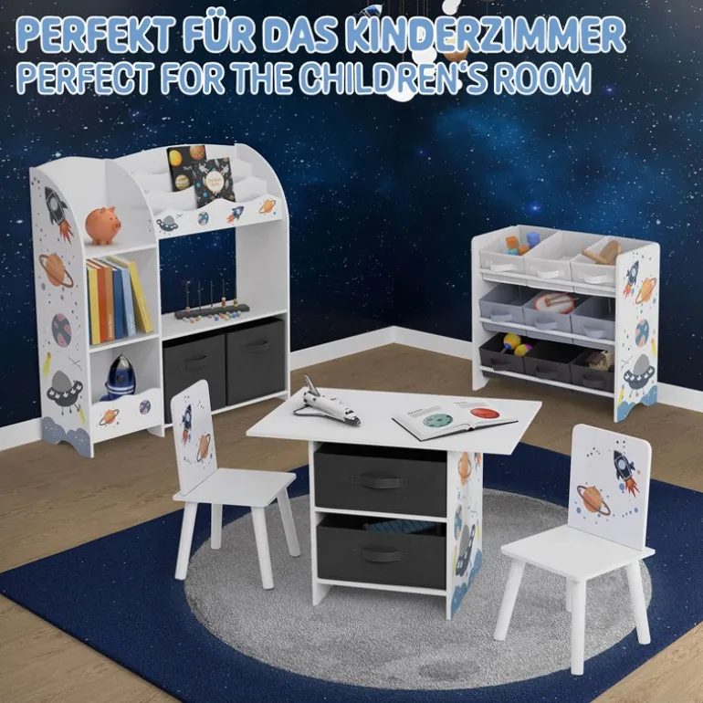 Kinderregal Weltraum-Motiv mit 9 Aufbewahrungsboxen Weiß aus Holz Joyz